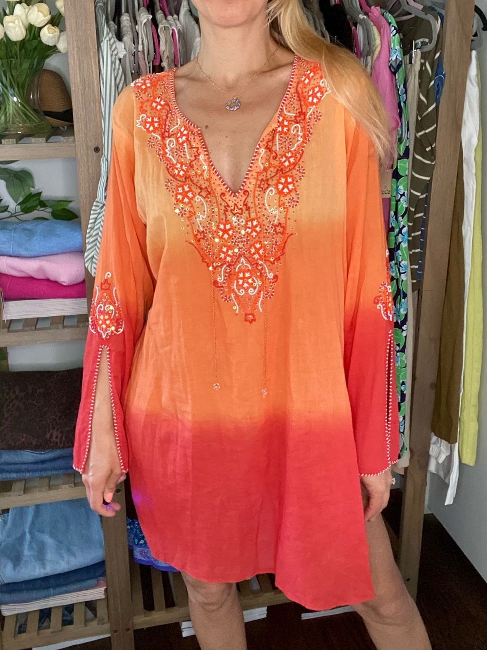 SEXI GURU Bright Orange Red Ombre Embellished Slit Long Sleeve Beach Coverup 🏖️
